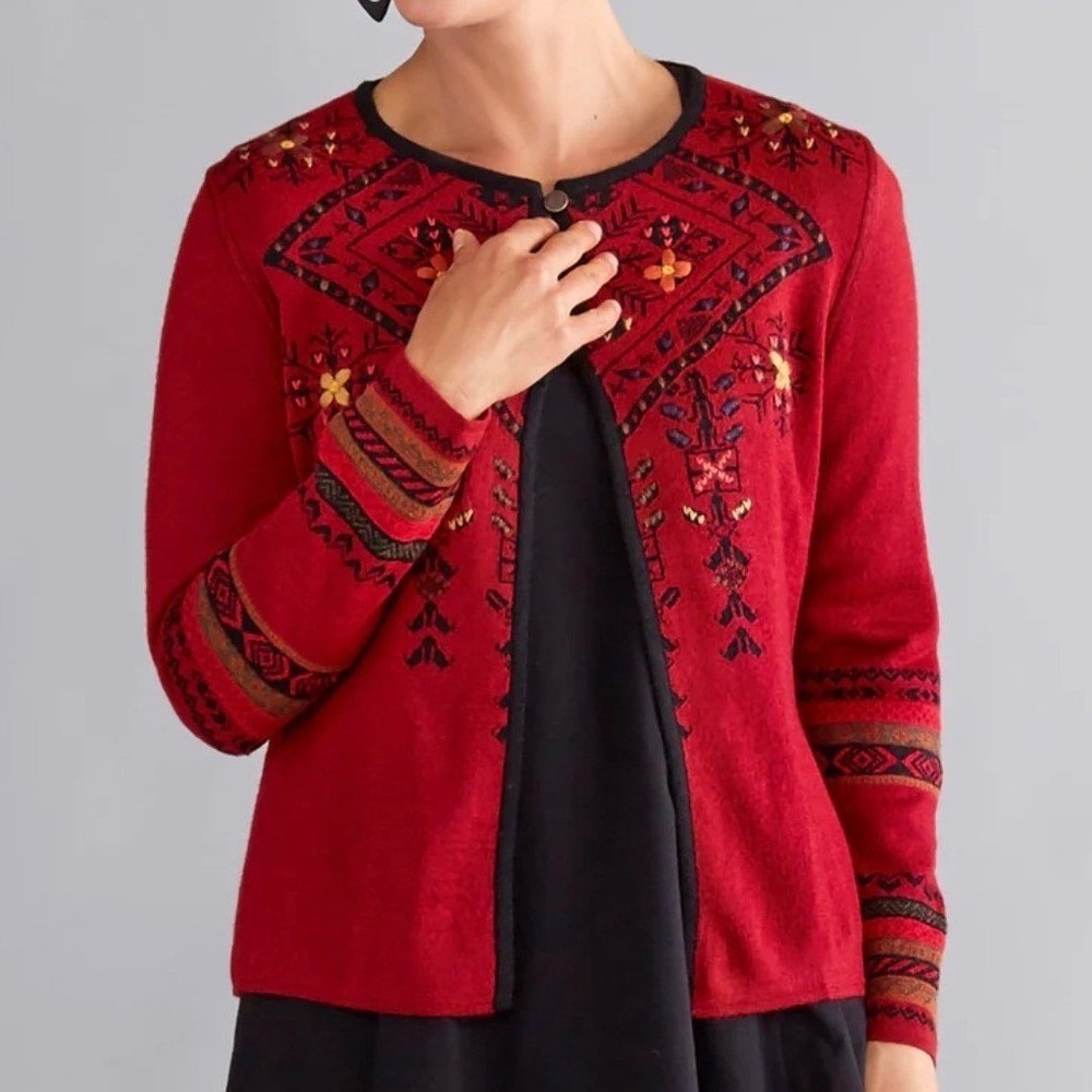 Peak of Elegance Reversible Embroidered Cardigan Red Black Alpaca Nordic Plus 1X